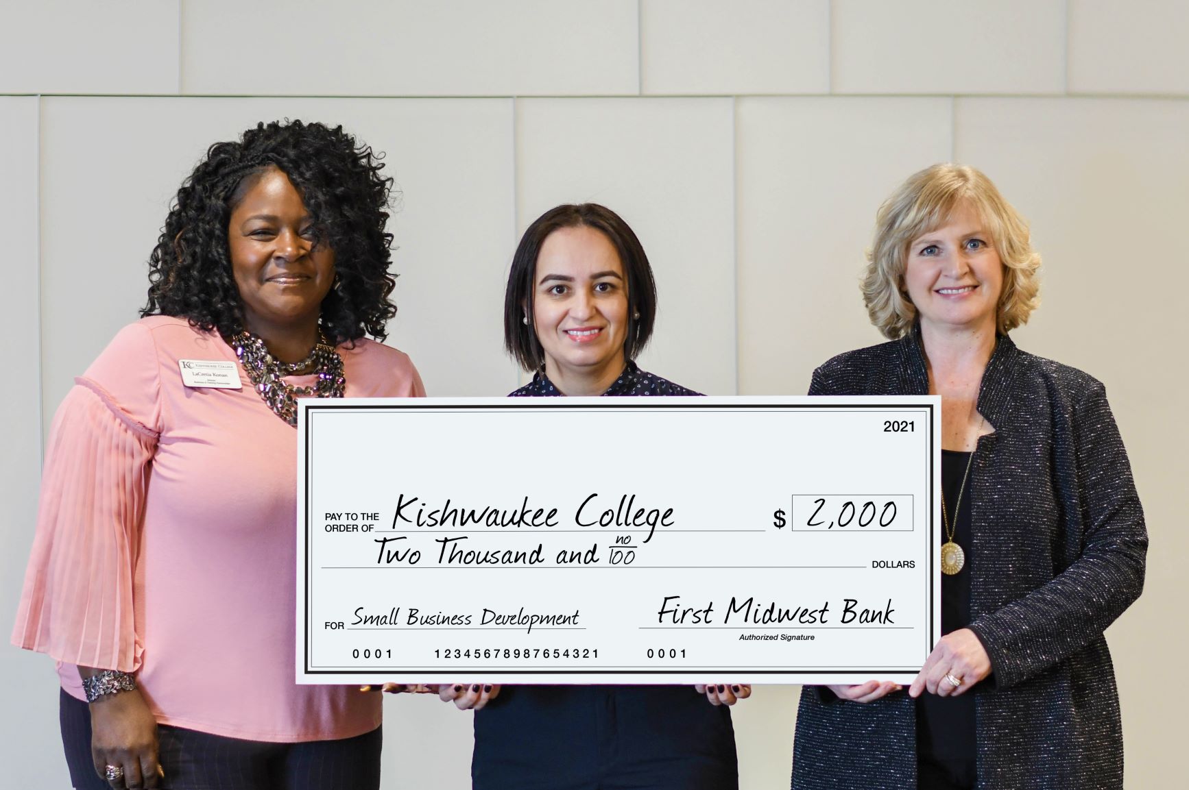 First Midwest Bank donated a $2000 grant to Kishwaukee College’s workforce & community education department to support small business workshops